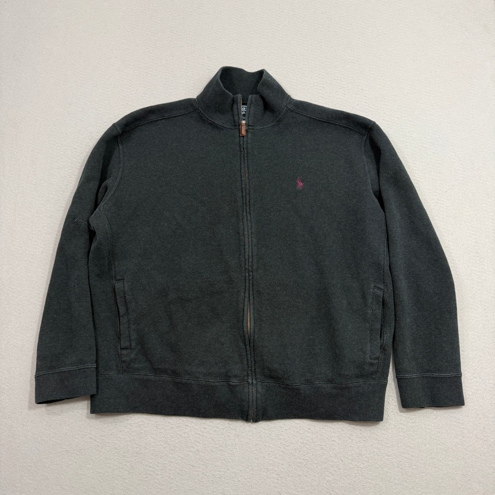 Polo Ralph Lauren Full Zip Jacket Men XL Gray Mock Neck Cotton Pony Logo Vintage